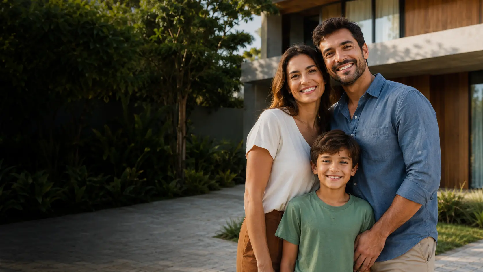 Família em frente a uma residência